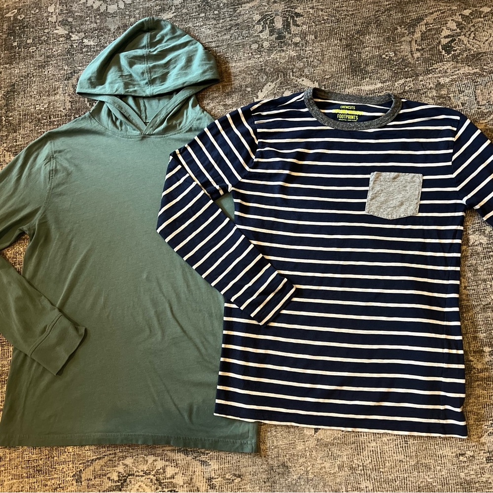 CrewCuts Long-Sleeve Stripe One Pocket Tee & Sage Green Pullover Hoodie 16/XL
